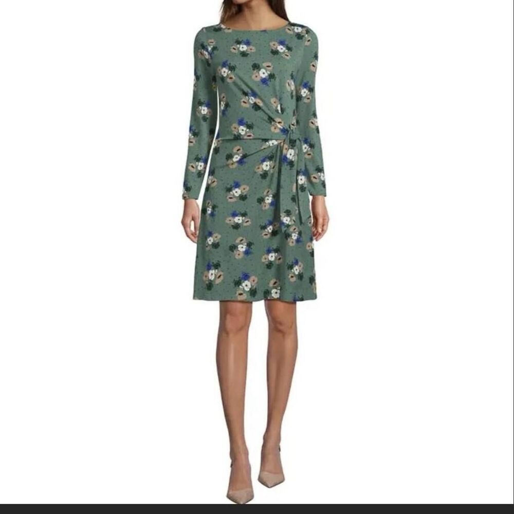 Lands' End Evergreen Multi-Dot Floral Tie-Waist Jersey Dress M